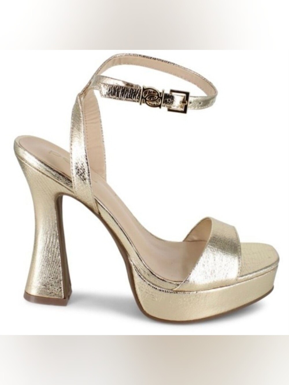 bebe Lera Metallic Gold Platform Sandals with Ankle Strap